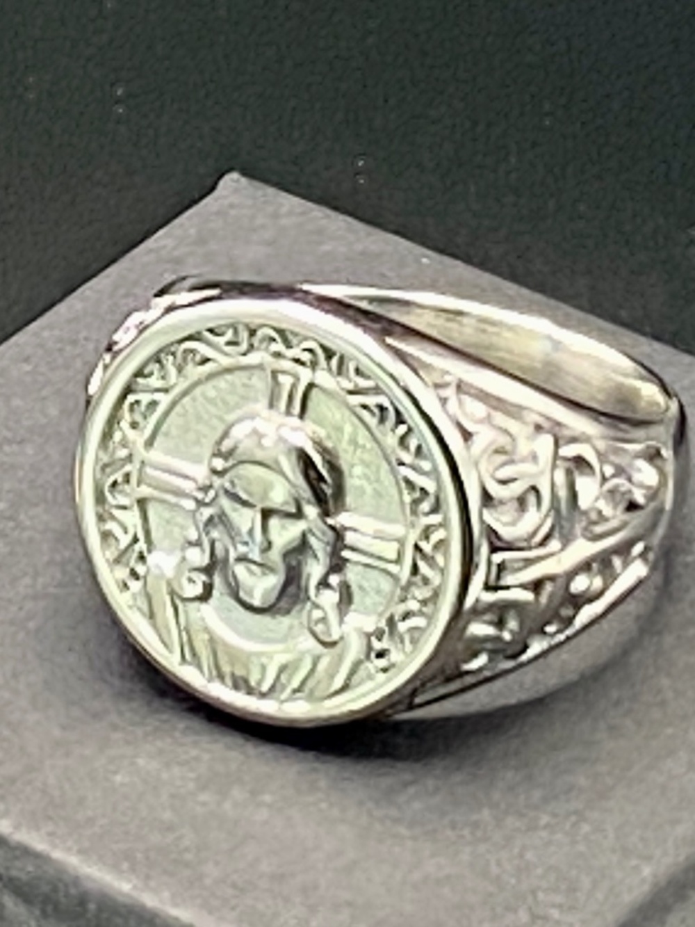 Men’s Jesus Christ Religious Signet Ring – Silver Tone, US Size 11.5 with a Box